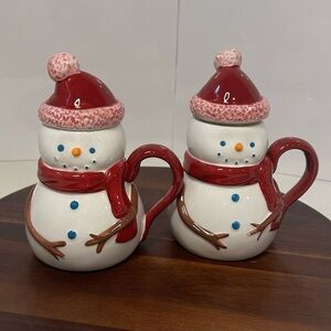 Starbucks 2006 Snowman Mug Set with Hat Lids – Pair – Holiday Ceramic